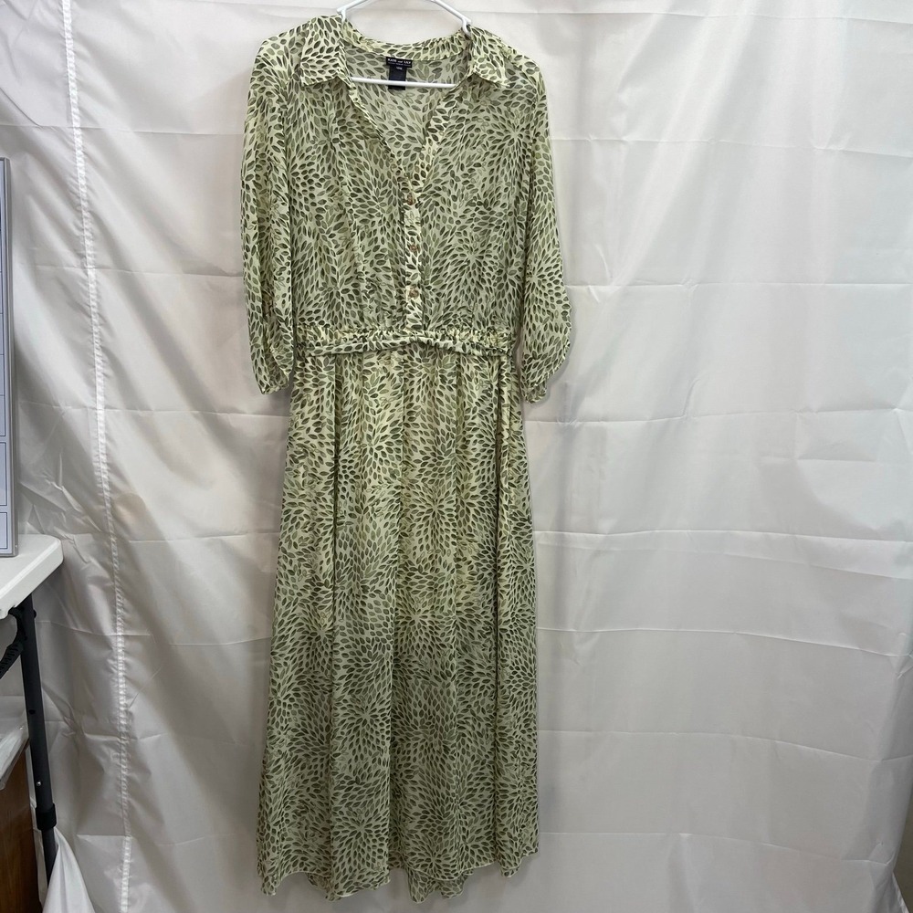 Kate and‎ Lily women's green leaf button sheer lined collared flowy nature dress